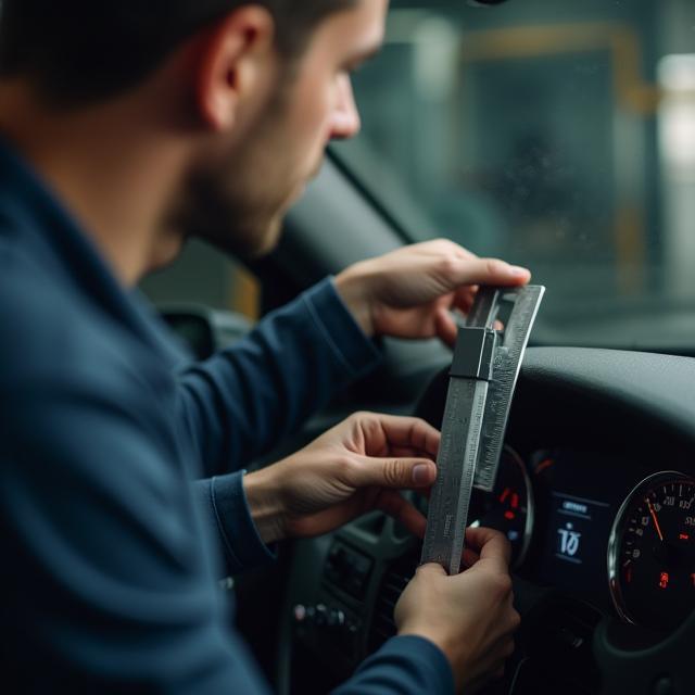 Engineer measuring dashboard for mount requirements