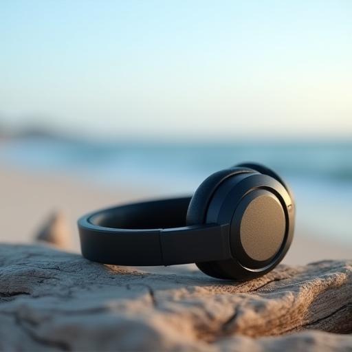 Bluetooth headset resting on driftwood at the beach