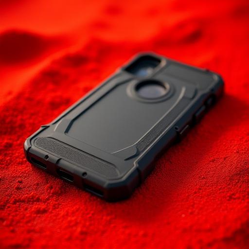 Phone case resting on red sand after drop test
