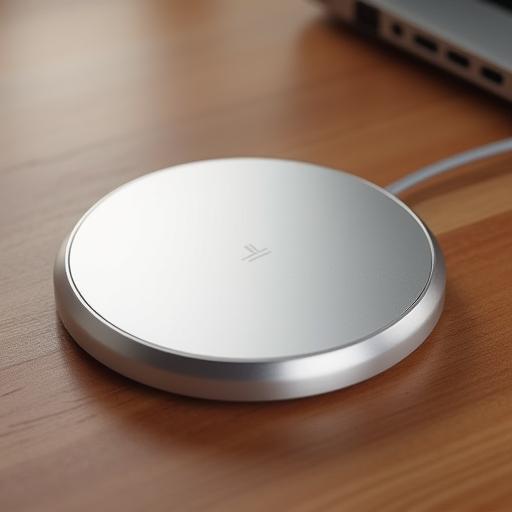 Aluminium wireless charger on wooden desk