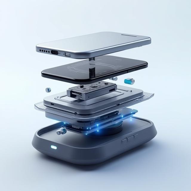 Exploded view of wireless charger showing internal components